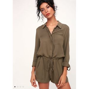 LULU’S Zayn Olive Green Long Sleeve Romper